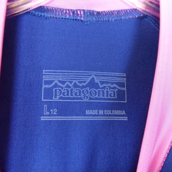 Patagonia Rash Guard Shirt Girl's Large Blue Pink Short Sleeve Mock Neck Swim - Picture 2 of 10